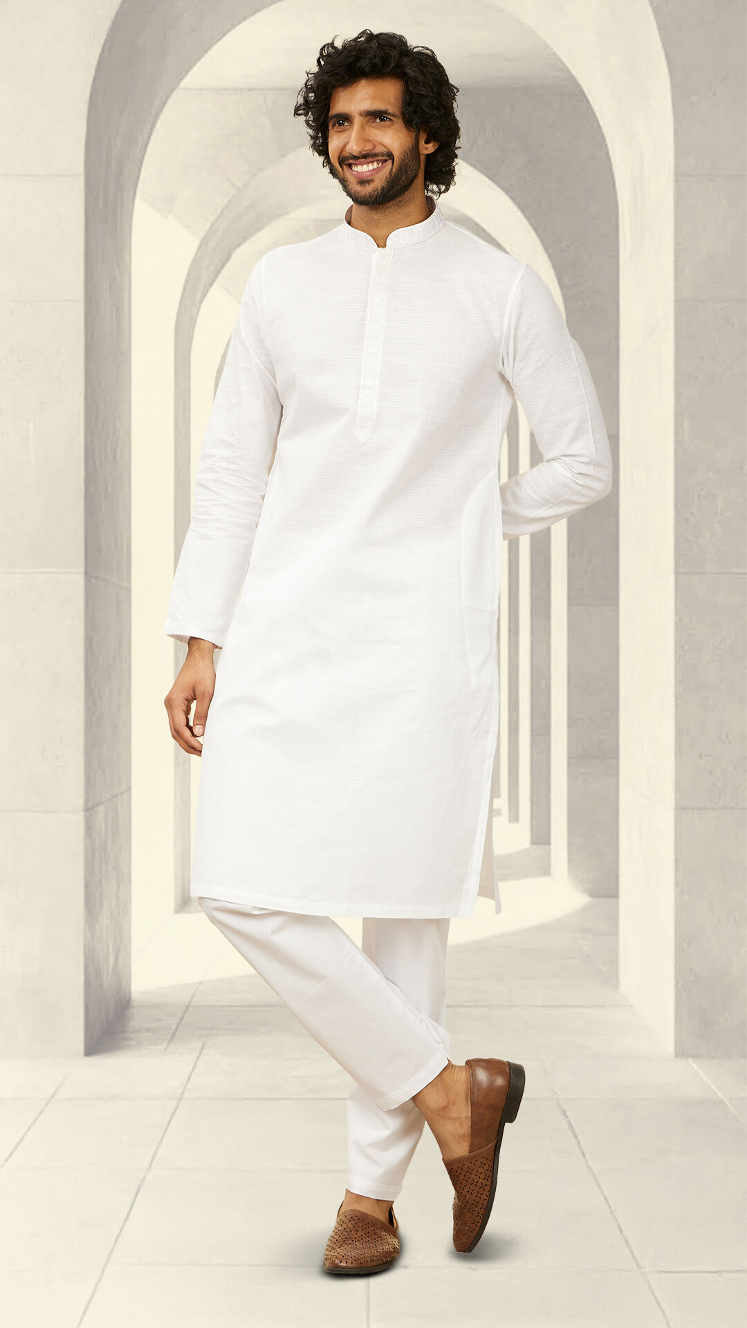 Men wearing stylish modern white kurta with brown juttis